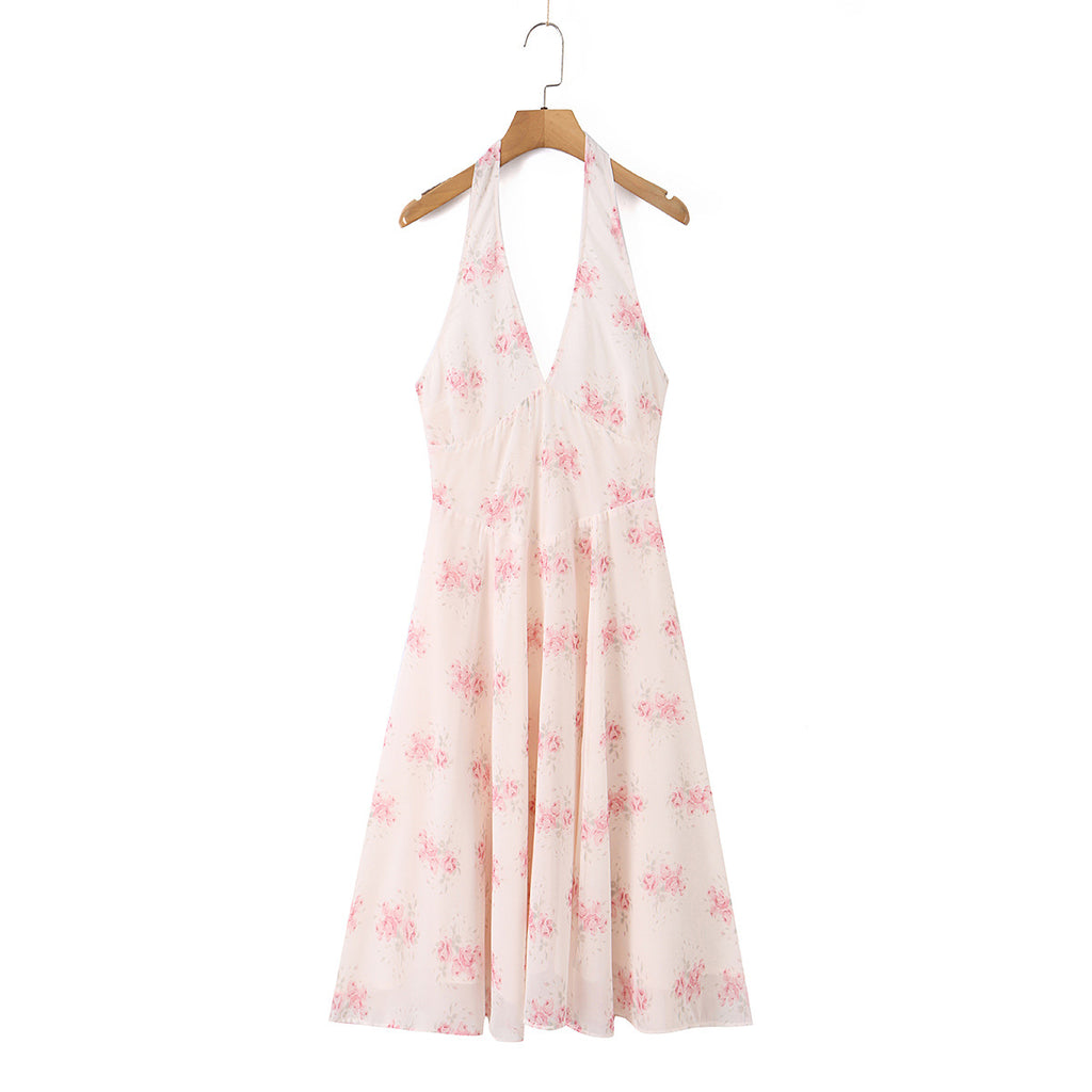 Strapless Printed Fitted Slimming Backless Deep V-Neck Long Dress for Women, Beachy Atmosphere Dress