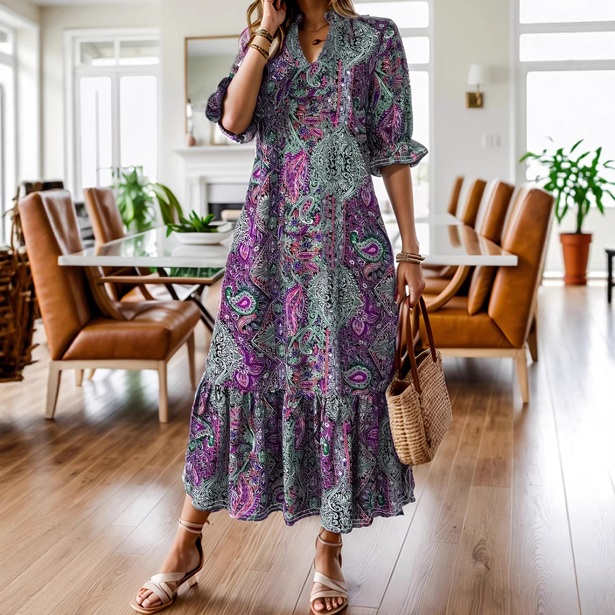 Printed V-Neck Short Sleeve A-Line Dress for Women