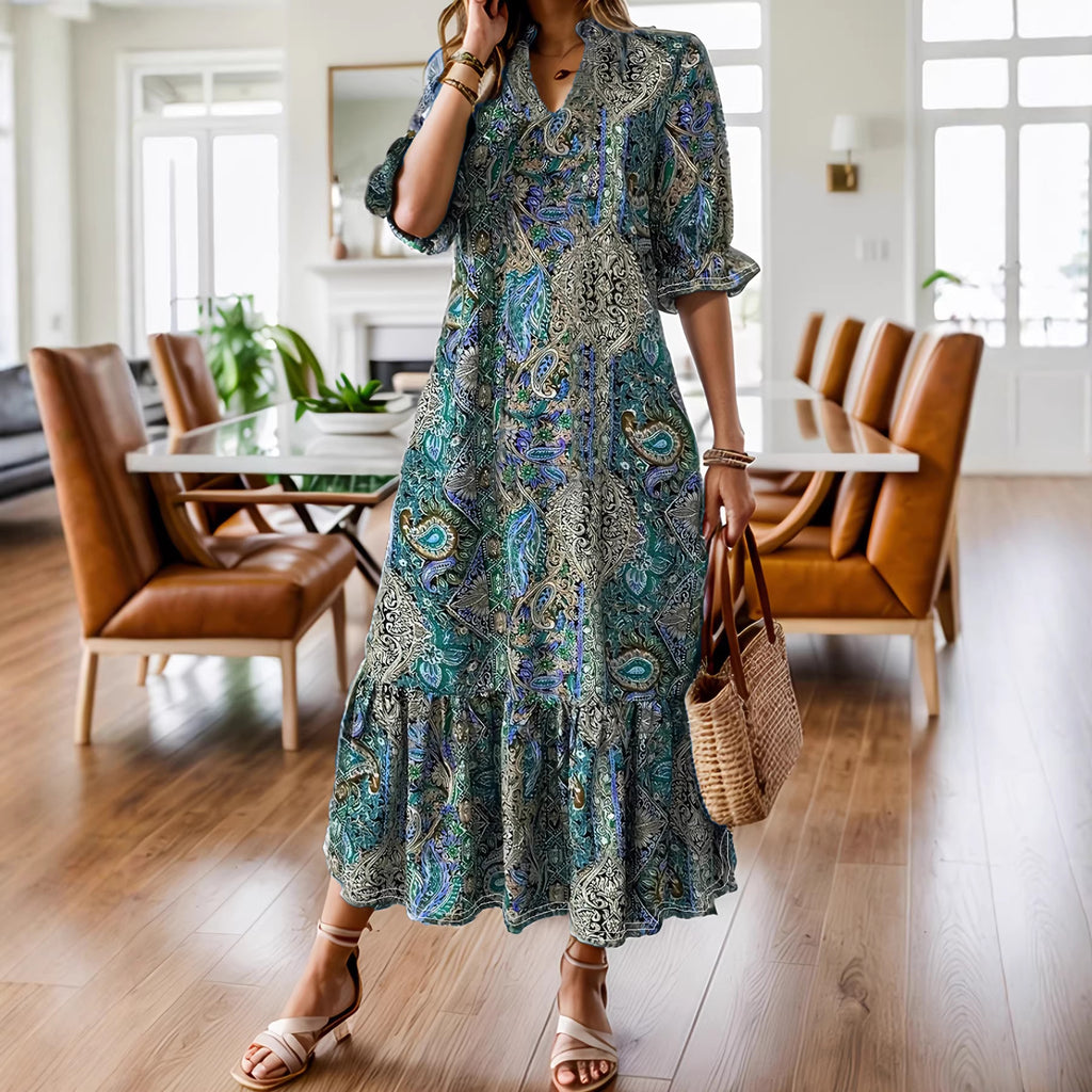 Printed V-Neck Short Sleeve A-Line Dress for Women