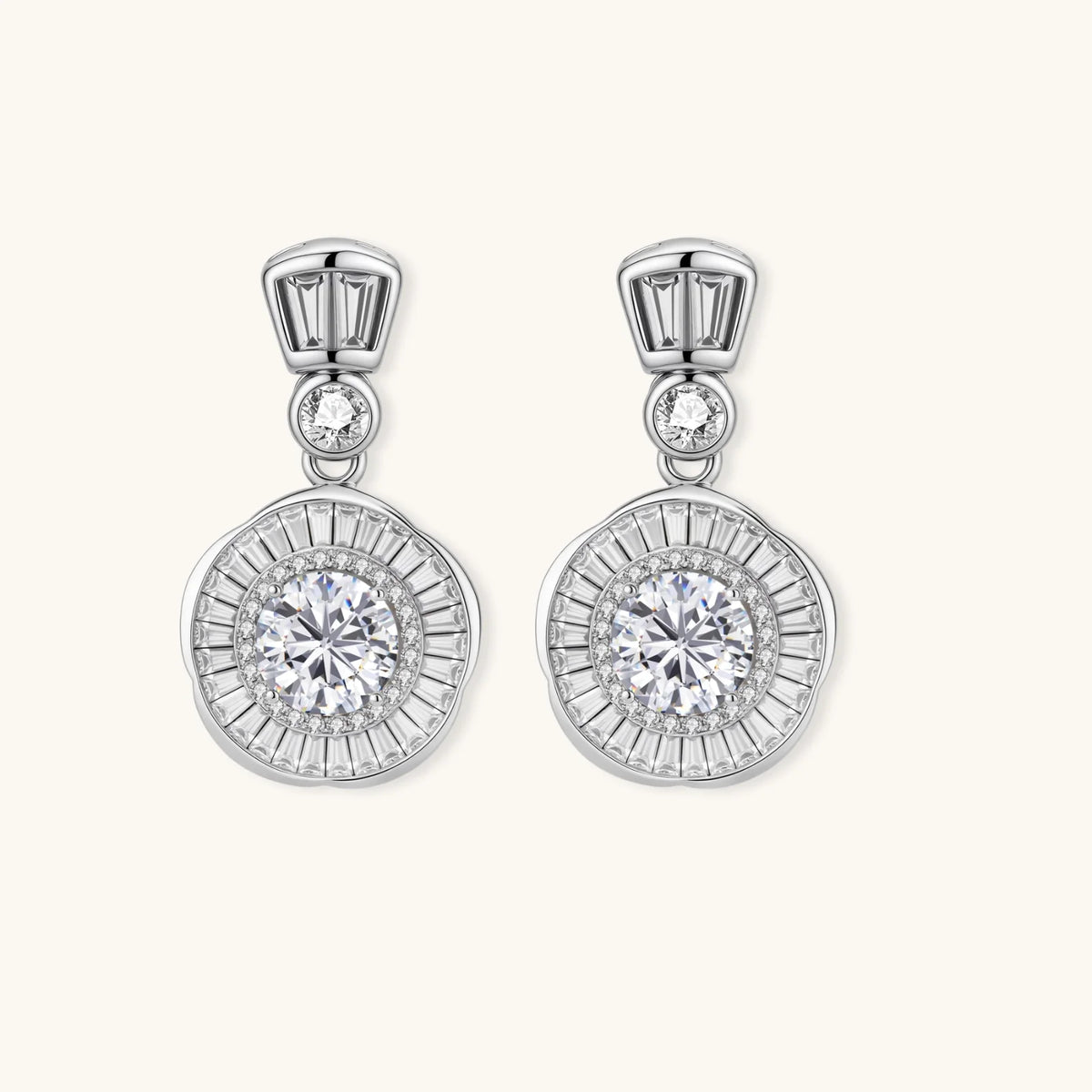 Art Deco-inspired sterling silver drop earrings with tiered moissanite stones in geometric sunburst design