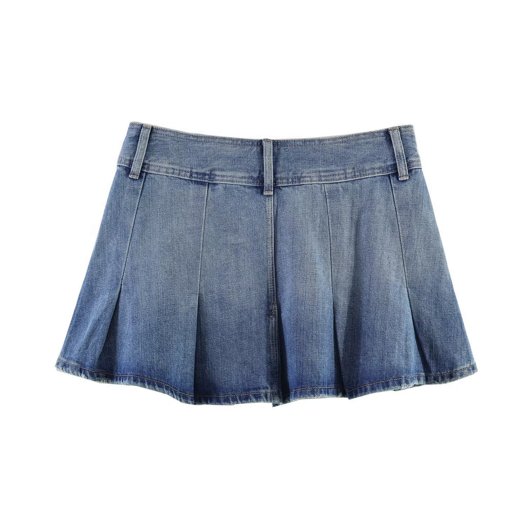 Spicy girl denim wide pleated high waisted mini skirt
