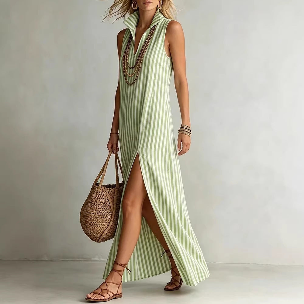 Striped stand up collar sleeveless slit skirt