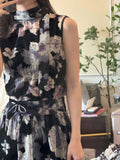 Chinese Style Floral Print Chiffon Modernized Two-Piece Set Dress Set