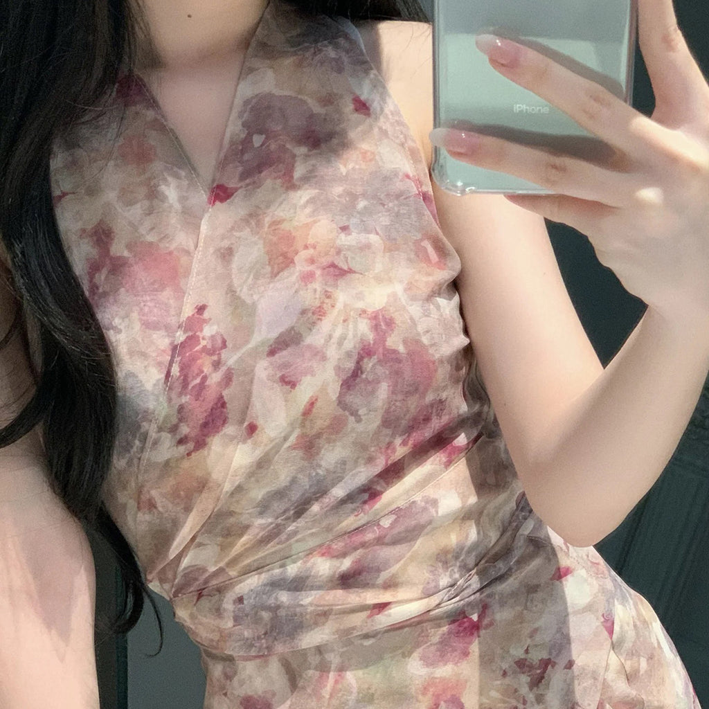 Pink Floral Strapless Bodycon Dress for Women, Asymmetrical Cut, Resort-Style Maxi Skirt with Mermaid Split