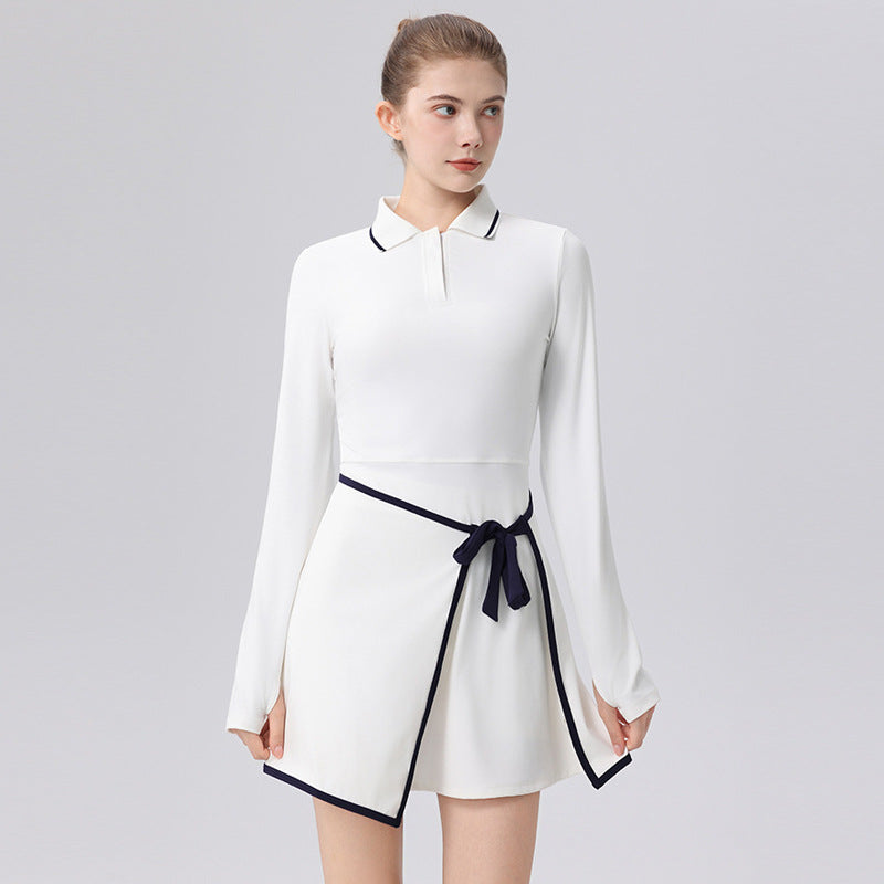 Autumn/Winter Long Sleeve Tennis Dress with Panelled Tie Design, Hip-Hiding Silhouette, Built-in Shorts, Outdoor Sports Dress