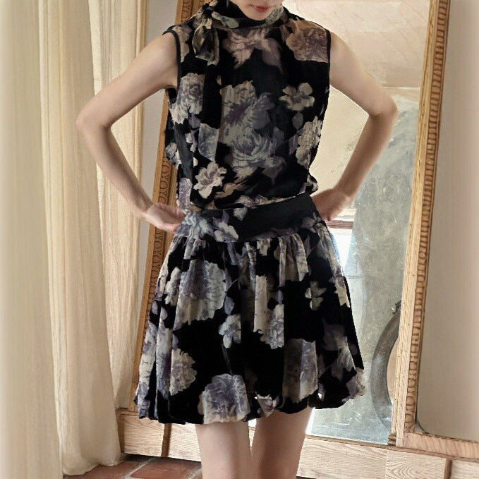 Chinese Style Floral Print Chiffon Modernized Two-Piece Set Dress Set