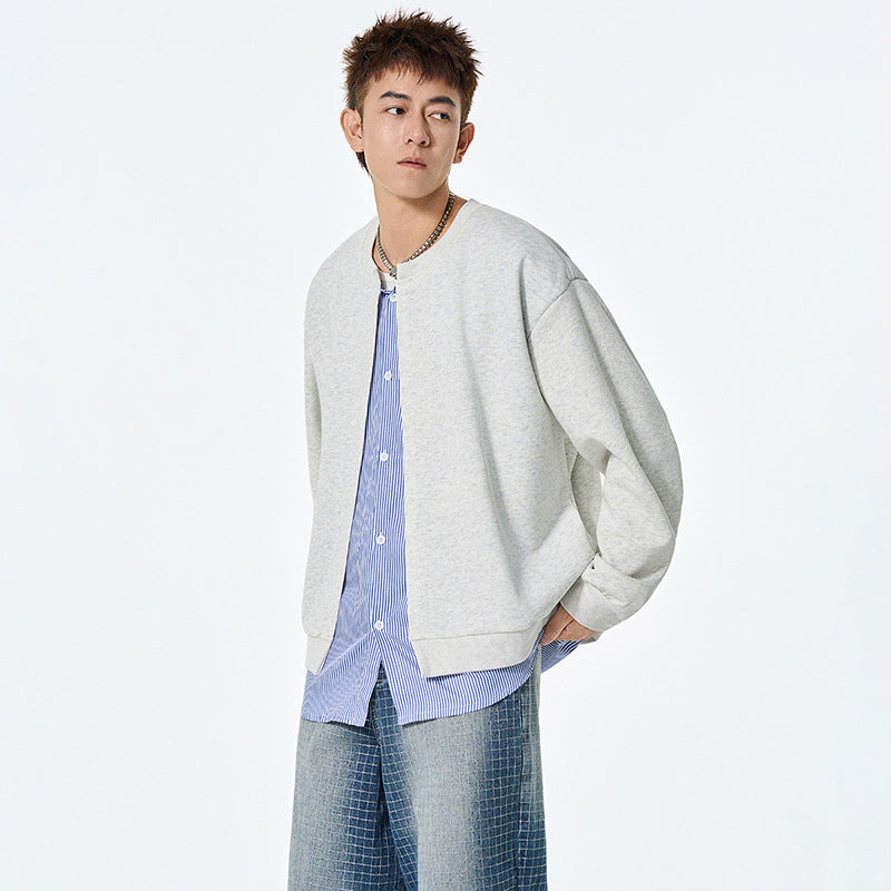 Autumn Fashion Men's Hoodie with False Two-Piece Design, Open Front, Round Neck, Loose Fit, Casual Stylish Jacket Top