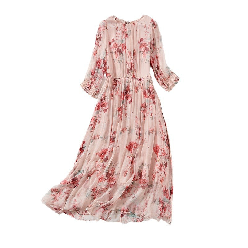 Babier Women's Silk Dress, Fashion Floral Elegant Mulberry Silk Long Dress, Beach Vacation Style