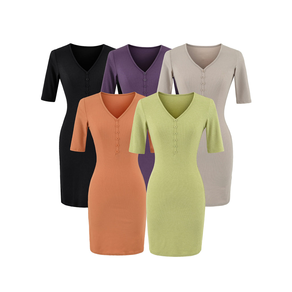 Five-Quarter Sleeve V-Neck  Fitted Bodycon Dress  Summer  Slim Fit Casual  Female