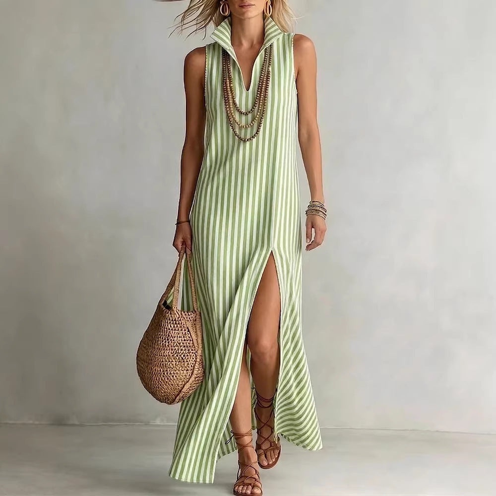 Striped stand up collar sleeveless slit skirt