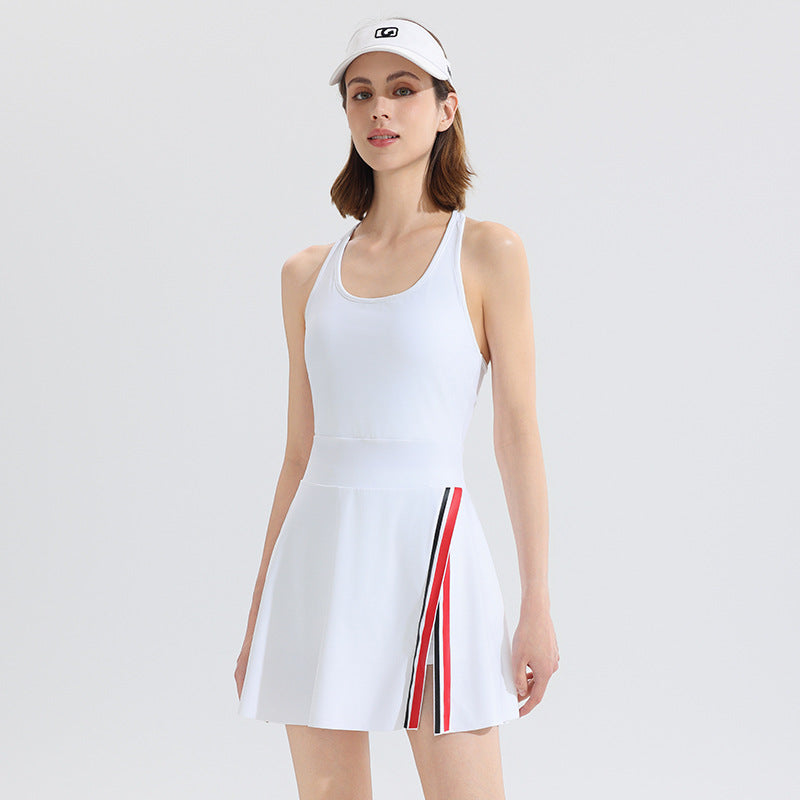 New Vintage American Tennis Badminton Sports Jumpsuit with Padded Bra, Sleeveless Outdoor Activewear Skirt with Built-in Underlayer