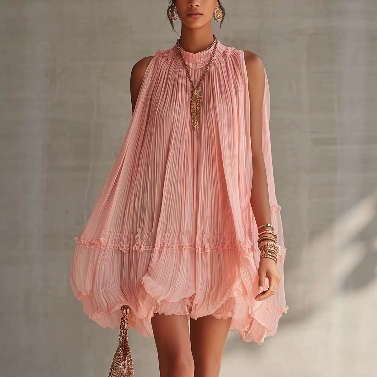 Sleeveless Pleated Mini Dress for Women, Loose A-Line Skirt with Ruffled Hem, Gathered Pleats, Casual Vacation Style, Flared Silhouette, Sweet Baby Doll Dress