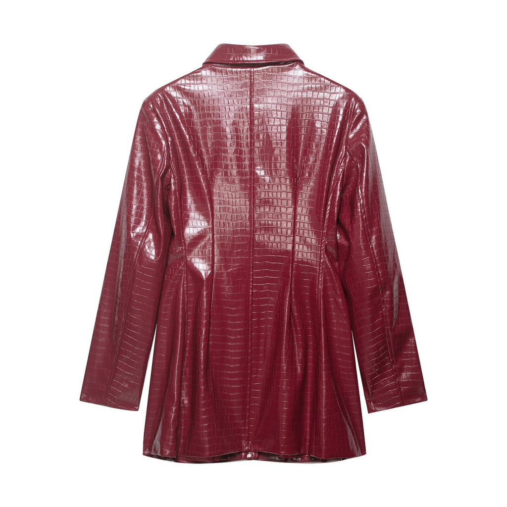 Collar long sleeved single breasted leather jacket dress