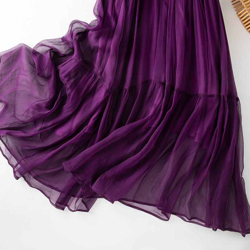Babier Women's Silk Dress Summer New Style Mulberry Silk Elegant Purple Beach Long Dress