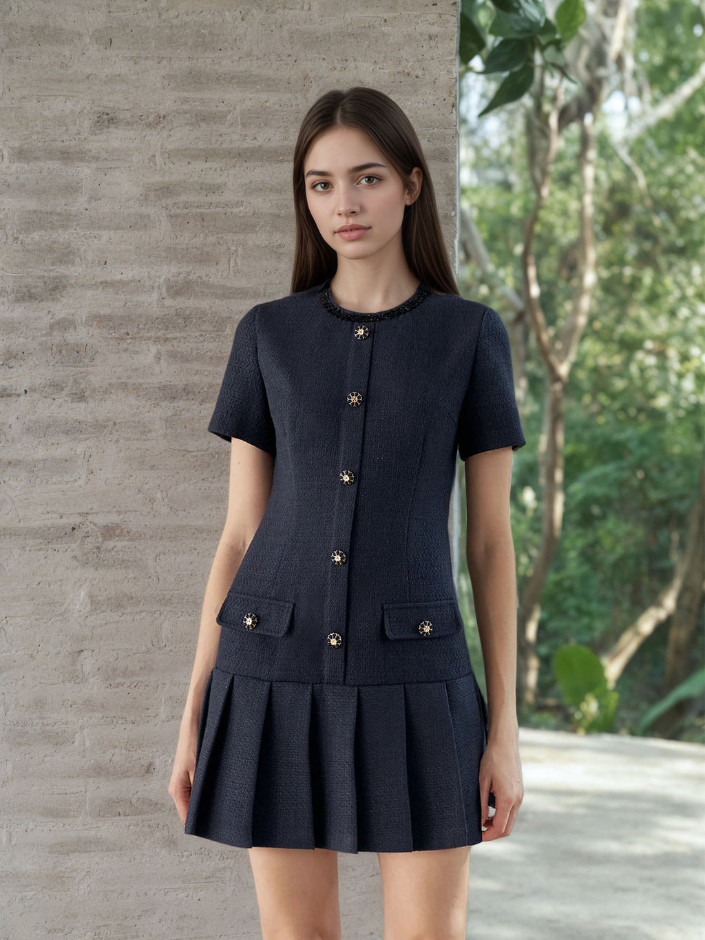 Short sleeved pleated jumpsuit