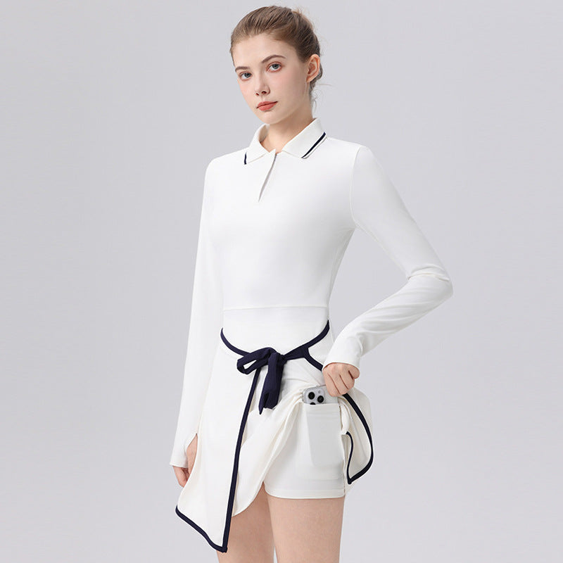 Autumn/Winter Long Sleeve Tennis Dress with Panelled Tie Design, Hip-Hiding Silhouette, Built-in Shorts, Outdoor Sports Dress