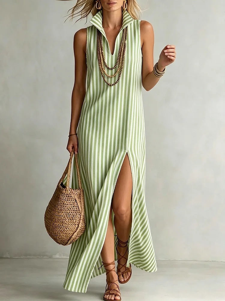 Striped stand up collar sleeveless slit skirt