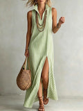 Striped stand up collar sleeveless slit skirt