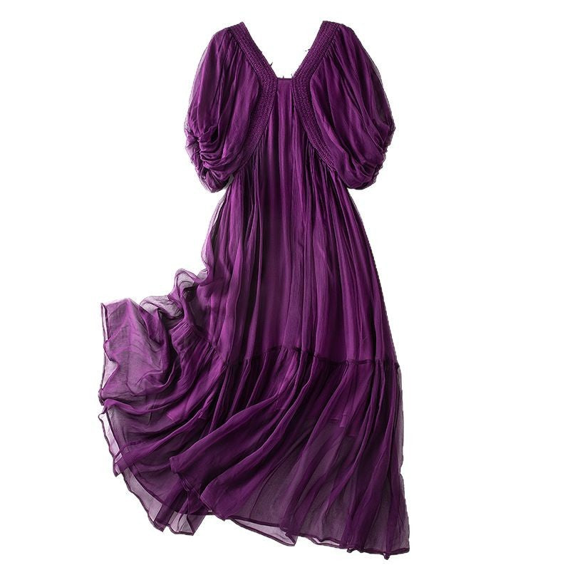 Babier Women's Silk Dress Summer New Style Mulberry Silk Elegant Purple Beach Long Dress