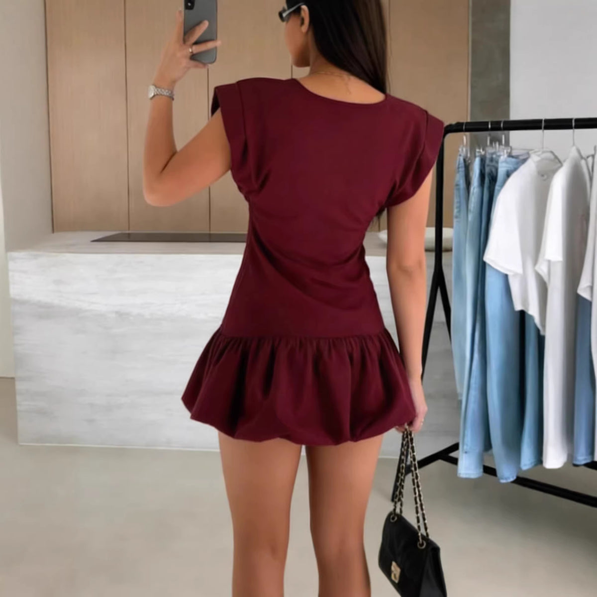 Chic Solid Color Short Sleeve Ruffle Dress for Women  Fashion Dress
