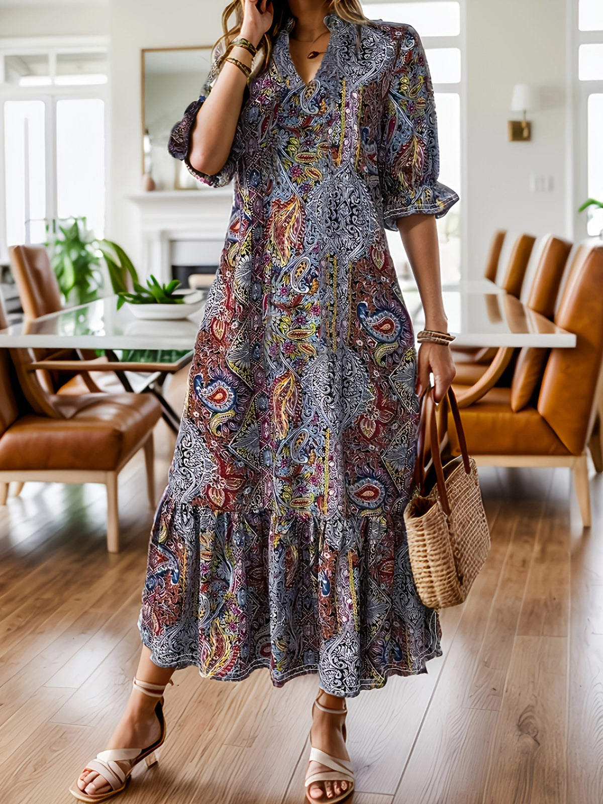 Printed V-Neck Short Sleeve A-Line Dress for Women