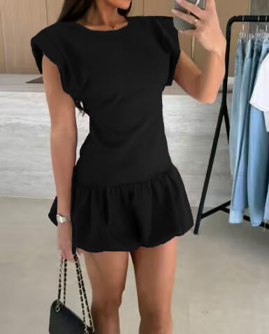 Chic Solid Color Short Sleeve Ruffle Dress for Women  Fashion Dress