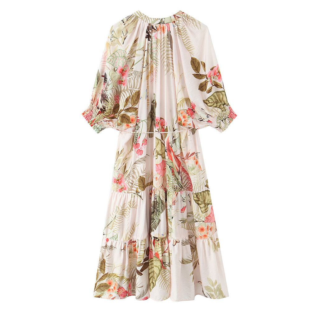 Commuting style floral dopamine lace up dress
