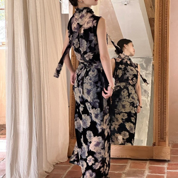 Chinese Style Floral Print Chiffon Modernized Two-Piece Set Dress Set