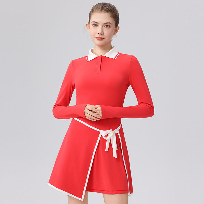 Autumn/Winter Long Sleeve Tennis Dress with Panelled Tie Design, Hip-Hiding Silhouette, Built-in Shorts, Outdoor Sports Dress