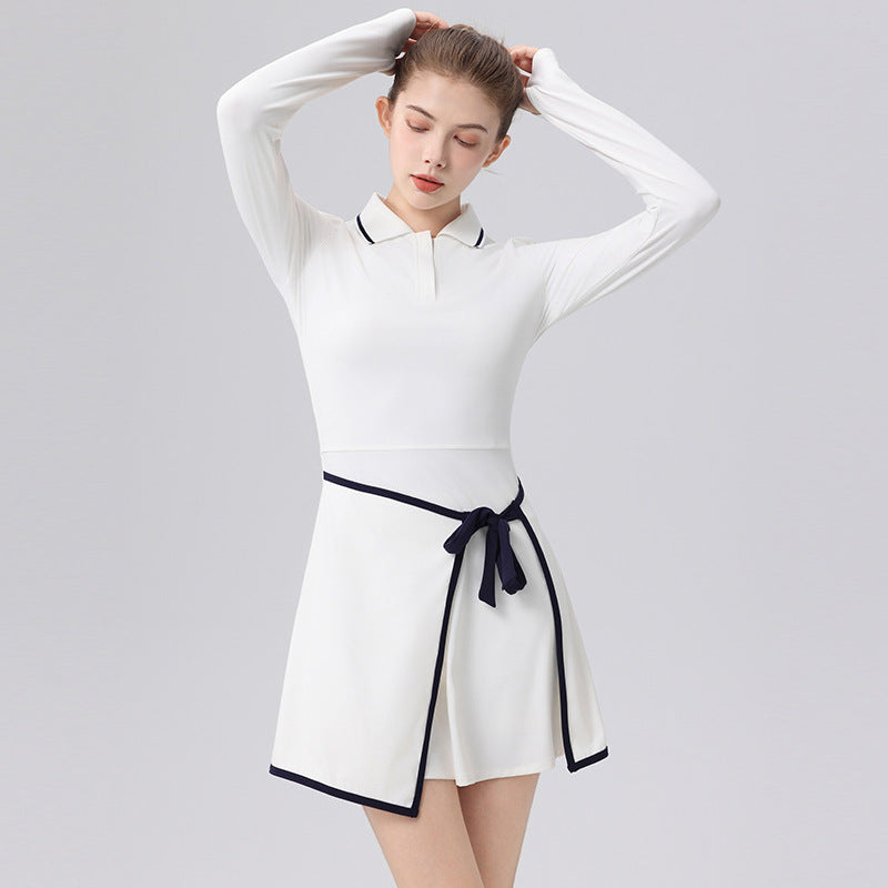 Autumn/Winter Long Sleeve Tennis Dress with Panelled Tie Design, Hip-Hiding Silhouette, Built-in Shorts, Outdoor Sports Dress