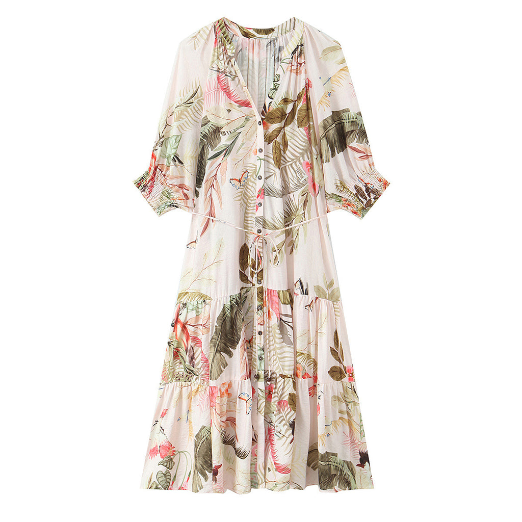 Commuting style floral dopamine lace up dress