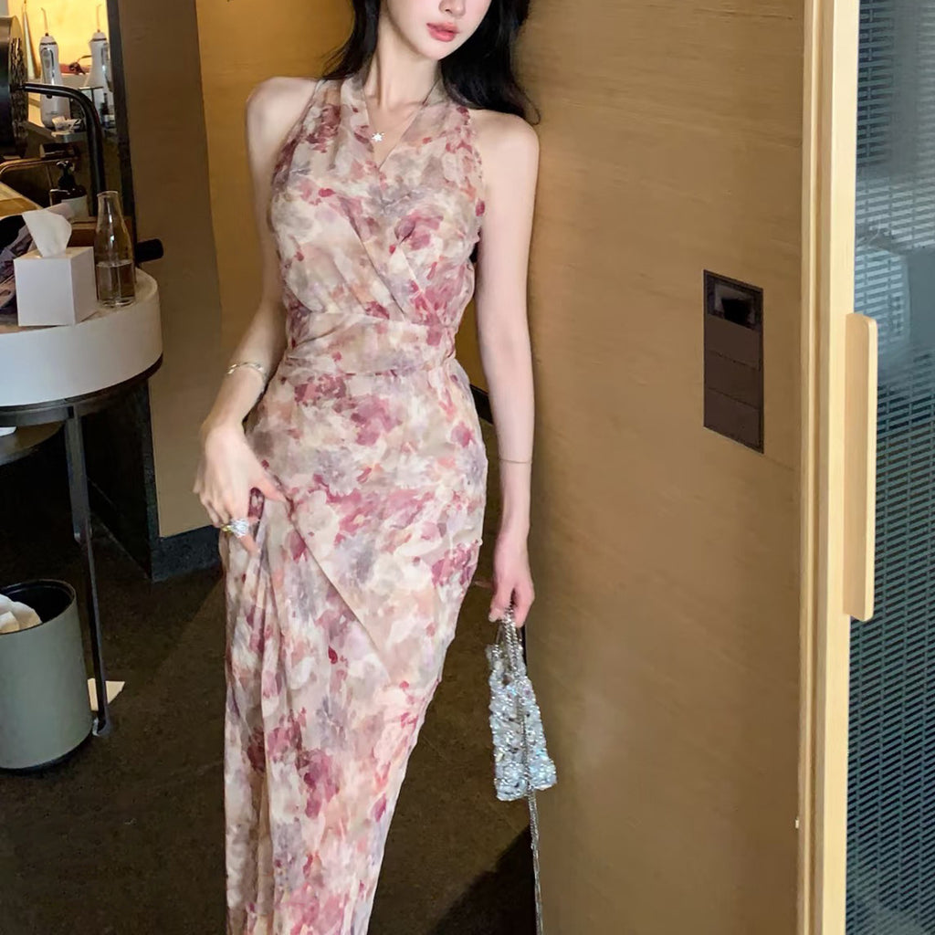 Pink Floral Strapless Bodycon Dress for Women, Asymmetrical Cut, Resort-Style Maxi Skirt with Mermaid Split
