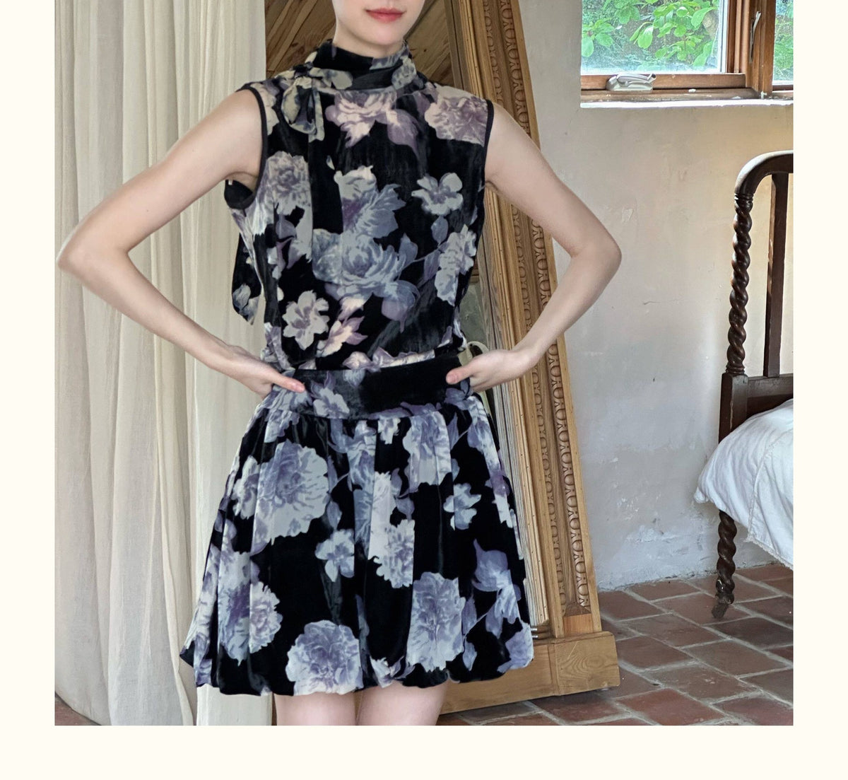 Chinese Style Floral Print Chiffon Modernized Two-Piece Set Dress Set