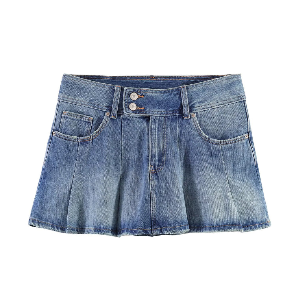 Spicy girl denim wide pleated high waisted mini skirt