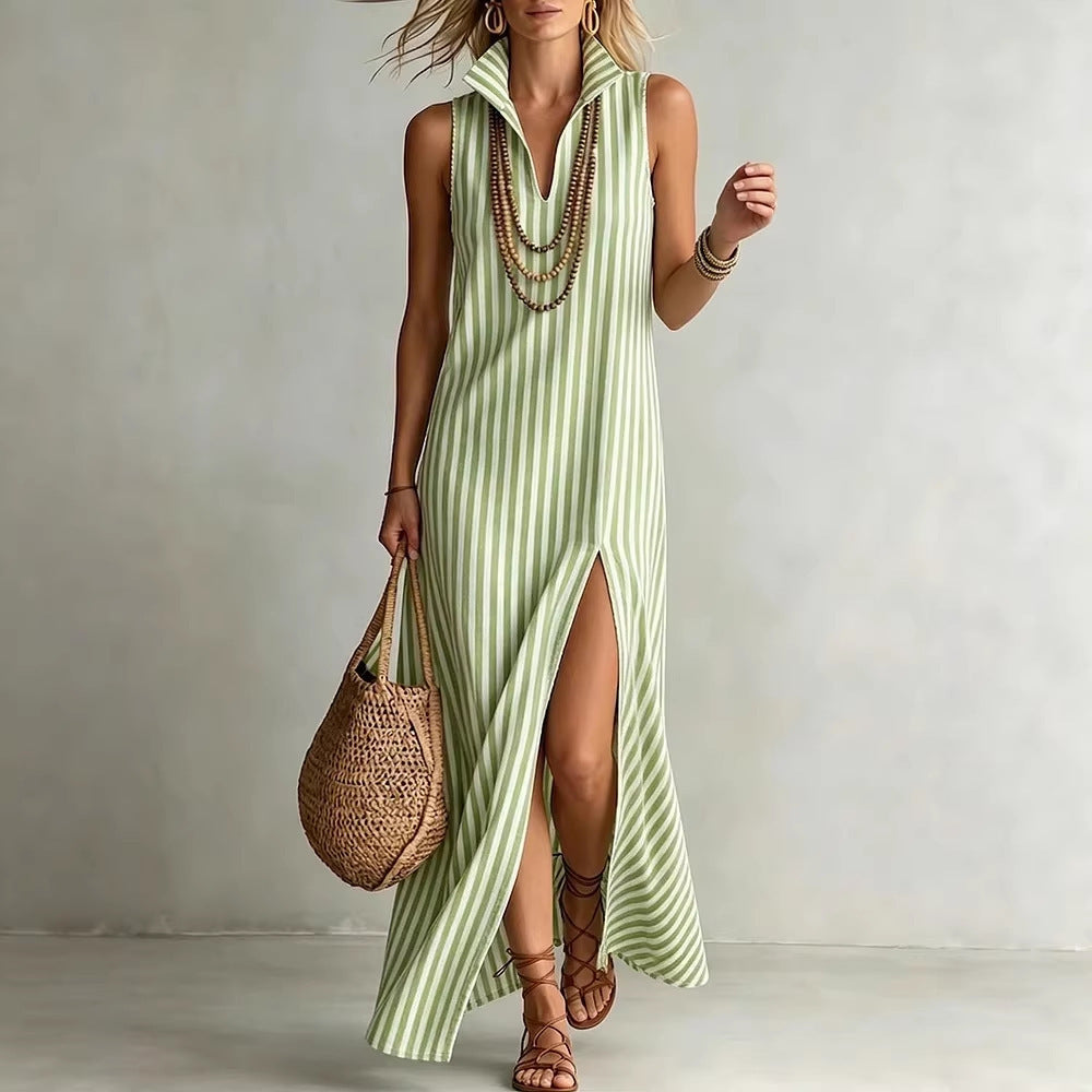 Striped stand up collar sleeveless slit skirt