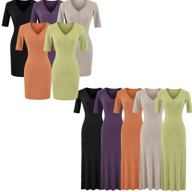 Five-Quarter Sleeve V-Neck  Fitted Bodycon Dress  Summer  Slim Fit Casual  Female