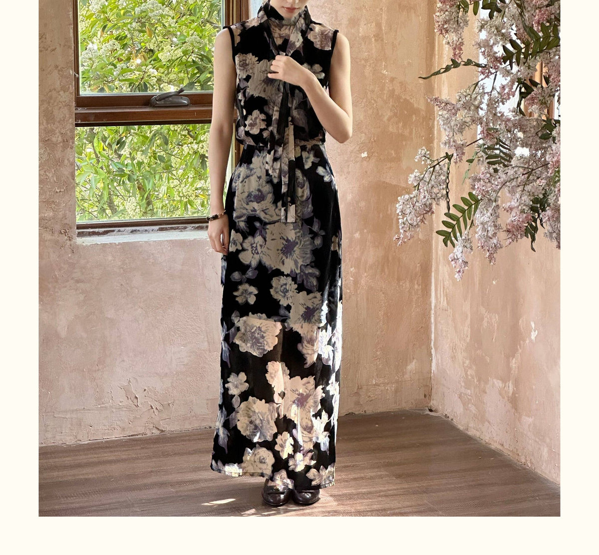 Chinese Style Floral Print Chiffon Modernized Two-Piece Set Dress Set